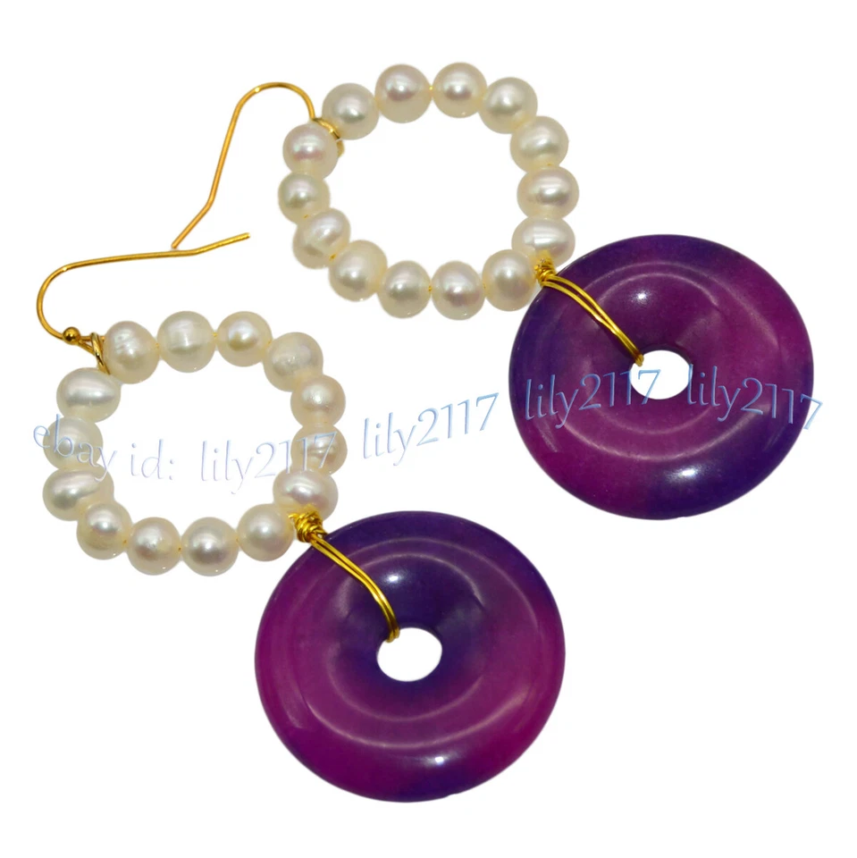 Pendientes de gancho colgantes circulares de perlas blancas de 30 mm Sugilite Donut de 5-6 mm Foto 2 de 4