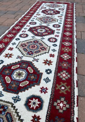 Brand New White Runner Handmade in India,Colorful Geometric Kazakh Design, 3'x8'