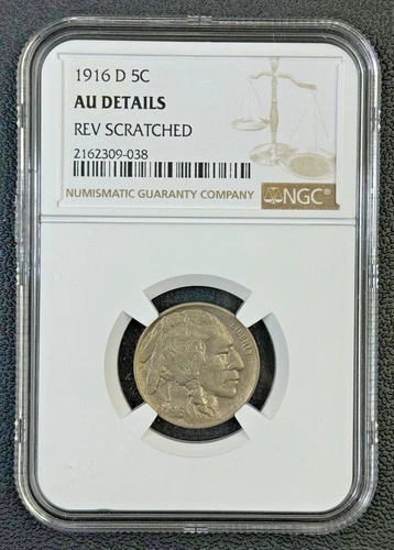1916 D Buffalo Nickel NGC AU, Low Mintage, Semi-Key Date