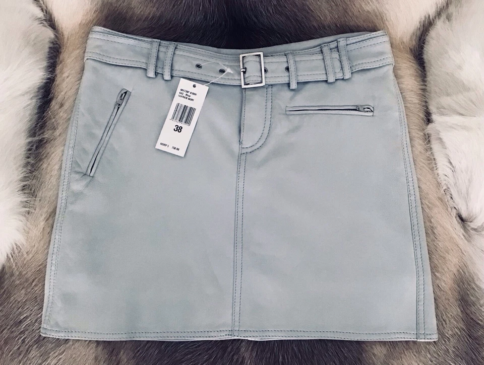 Minifalda de cuero VERSACE-azul claro-cinturón- cremallera frontal-2 Pkt-IT 38-US 4-DE COLECCIÓN NUEVA CON ETIQUETAS Foto 2 de 4