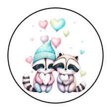 30 CUTE RACCOON ENVELOPE SEALS STICKERS LABELS TAGS 1.5" ROUND VALENTINES LOVE