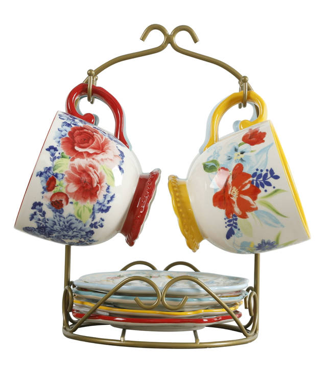 Pioneer Woman Floral Medley ✨ 9Pc Ceramic Mug & Appetizer Plate Set with Rack