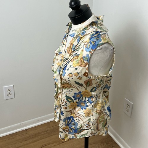 Talbots Silk Blue Floral Print Button Down Collared Neck Ruffled Front Blouse 8 - Picture 2 of 9