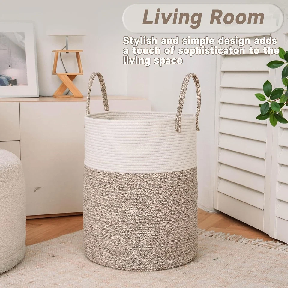 Large Woven Laundry Basket Hamper,60L Cotton Rope Storage Bin for Blankets - Image 3 of 4