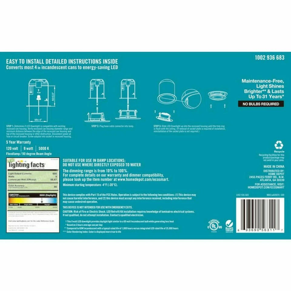 4-Pack EcoSmart 4" in Integrated LED Recessed Trim Daylight White NEW can lights - Image 3 of 3