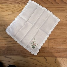 Vtg Pink Roses Floral Lace Hand Embroidered Handkerchief Linen