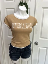 Hollister California Graphic Baby Tee Tan Semi Cropped Cali Girl L Beverly Hills