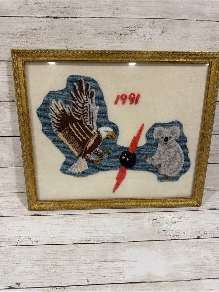Vintage Needlepoint Handmade Wall Art Gold Frame Eagle Koala 1991 16x18