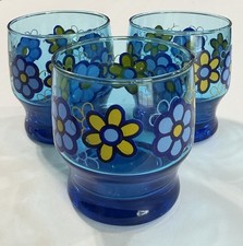 MCM Libbey "Flower Power" Glasses Groovy Blue Yellow Hippie Floral Vintage
