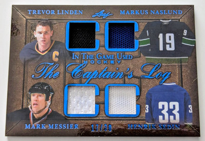  #1/30 Linden Sedin Naslund QUAD RELIC 2020-21 LEAF IN GAME USED ITG CAPTAIN 