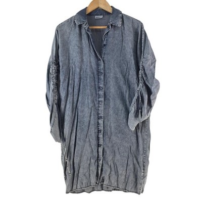 Noisy May Shirt Dress Womens S Blue Chambray Collared Long Sleeve Ruched 137014