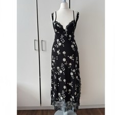 Free People Party Crasher Midi Slip Black Floral Size S V Neck Lace Trim Slit