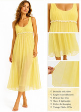 vintage 60s 70 SHEER YELLOW NYLON NIGHTGOWN SMALL empire waist romantic lace