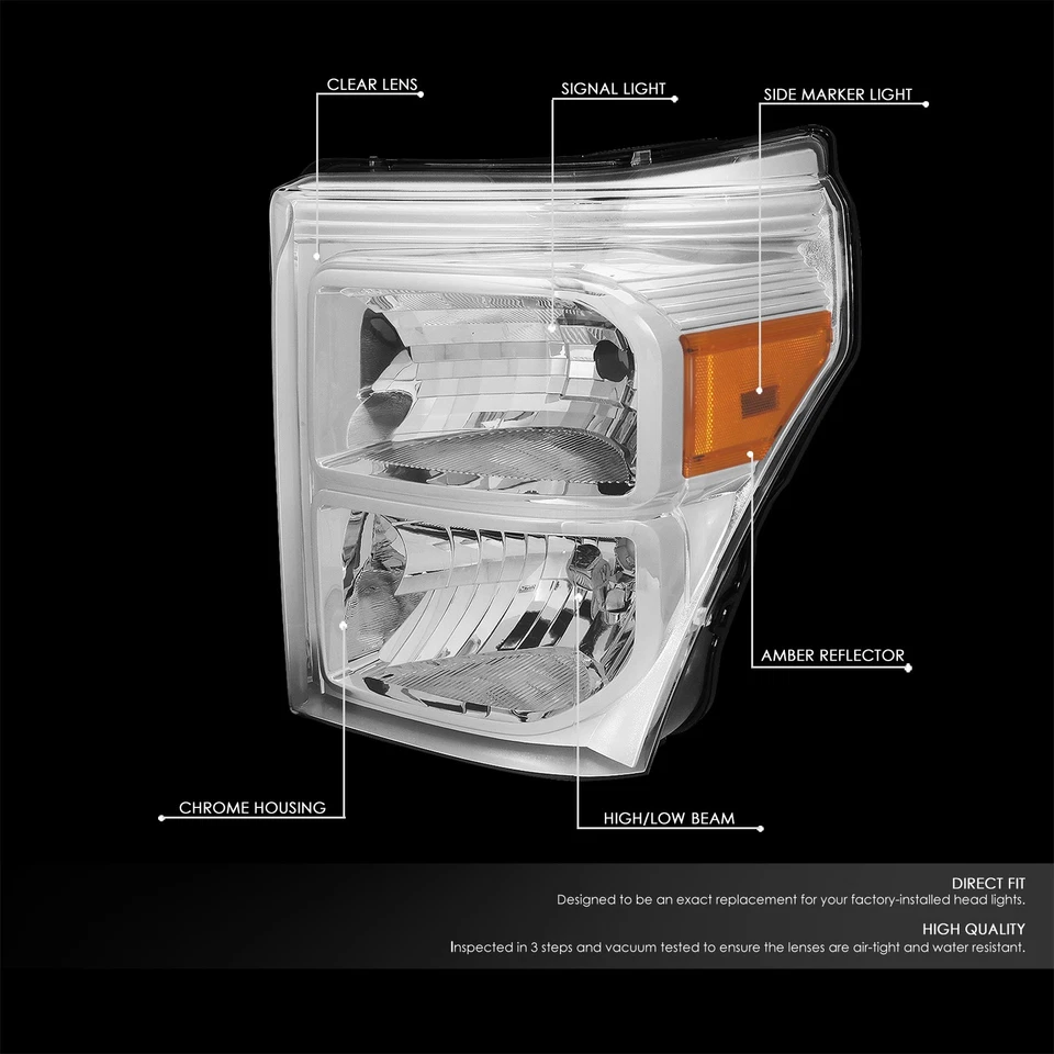 Fit 2011-2016 Ford Super Duty Pair Chrome Housing Amber Corner Headlight/Lamp - Image 2 of 4