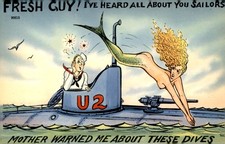 Vintage WWII Comic Postcard U2 Submarine Sailor Mermaid Dive