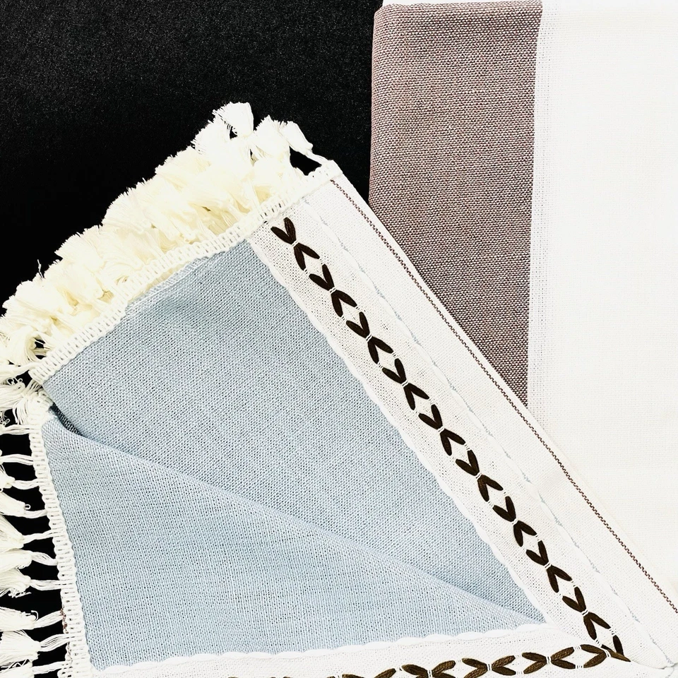 NEW Square Tablecloth 55" x 55" Cotton Linen Blend Off White Brown Blue Stripe - Image 4 of 4