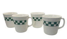 Corning Coffee Mugs Set Of 4 White Green Checkered Band Ceramic USA Diner Style