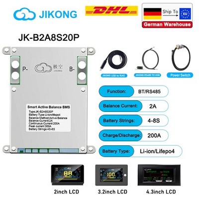 JK Smart BMS JK-B2A8S20P 4-8S 200A Lifepo4 Li-ion w/2A Active Balance BT/LCD Lot