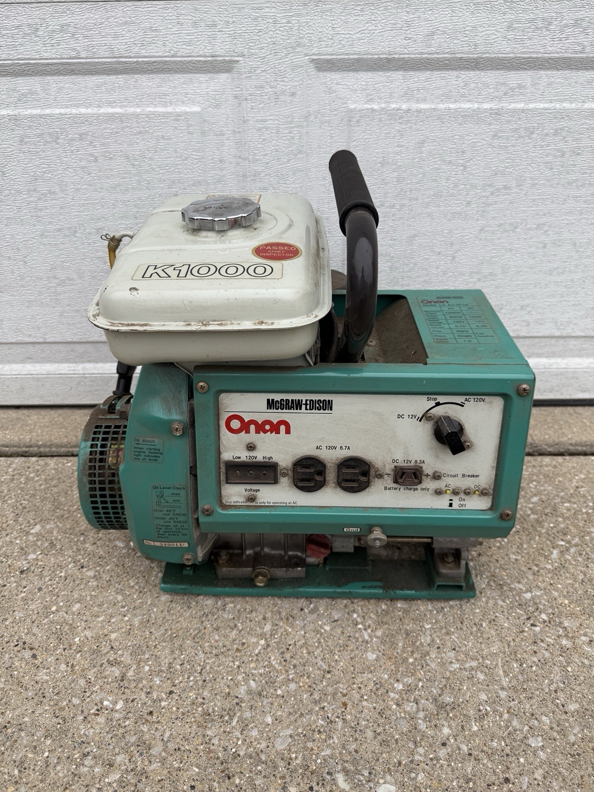 Vtg Onan K1000 Generator Mcgraw Edison 1.0 KJ-1P/1A Good Compression, Wont Start