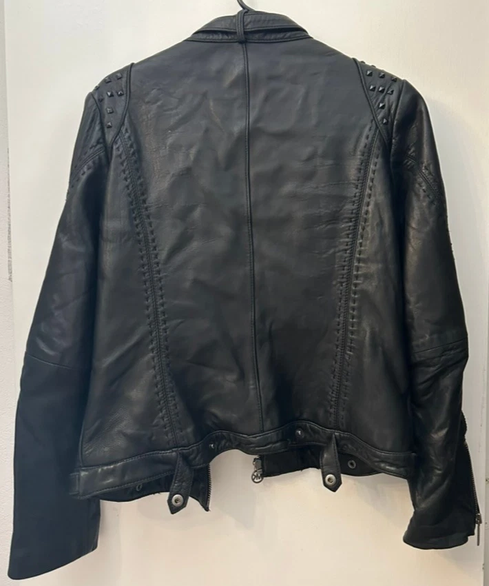 Chaqueta de cuero genuino negra con tachuelas manga cremallera talla grande L MICHAEL KORS para mujer Foto 2 de 4