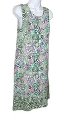 JJill Women's Tropical Print Pink & Green Shift Dress Sleeveless Pockets Sz: SM