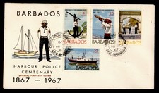 DR WHO 1967 BARBADOS FDC HARBOUR POLICE ANIV CACHET COMBO M55655