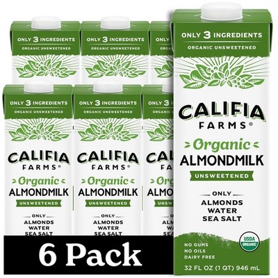 Califia Farms - Organic Unsweetened Almond Milk, 32 Fl Oz (Pack of 6), Green 