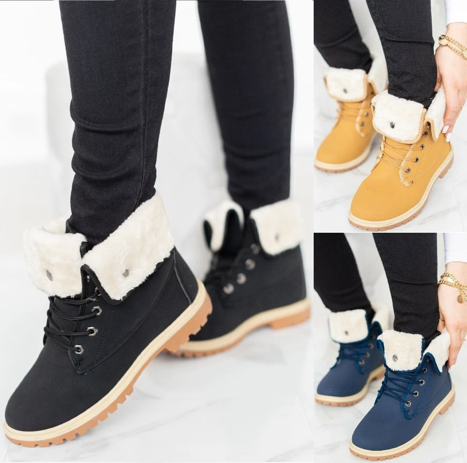 LADIES ARMY COMBAT ANKLE FLAT FUR LINED GRIP WOMENS SOLE WINTER BOOTS SHOES SIZE