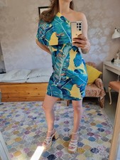 Lavish Alice One Shoulder Bodycon Dress Blue/Yellow Tropical Floral UK 10