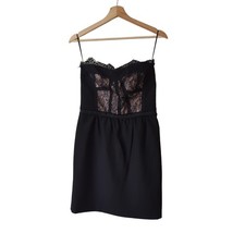 Rebecca Taylor Bustier Dress Womens 4 Black Nude Lace Mini Strapless Wool Corset