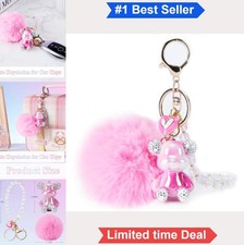 Cute Bear Keychain Pink Rhinestone Faux Fur Pom Pom Wristlet Bag Charm Car
