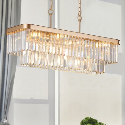 34'' Luxury Gold K9 Crystal Chandelier Rectangle Ceiling Pendant Light Fixtures