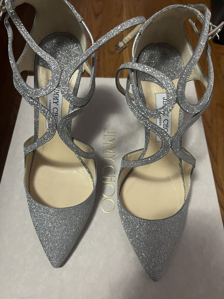 Jimmy Choo Lancer 100 Silver Fine Glitter Leather Size 40 Pre