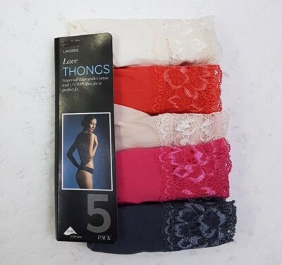 Ex M & S Ladies 5 Pack Cotton Modal Lycra Lace Thongs Briefs Knickers Underwear