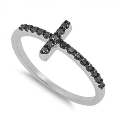 Sideways Cross Ring Genuine Sterling Silver 925 Rhodium Plated 9 mm ...