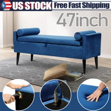 Modern Upholstered Storage Ottoman Up to 59 L Dark Blue Bench w/ 2 Round Pillows
