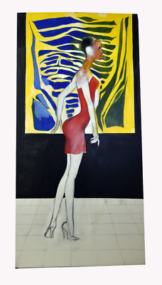 48'' Original Henry C. Porter Painting Black Woman Red Dress Modern Art COA