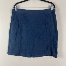 Tommy Bahama Skirt Women Size 12 Navy Blue 100 Linen Embroidered Side Zip