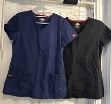 Lot of 2 Dickies Unisex V-Neck Scrub Tops -Size Small Blue And Black