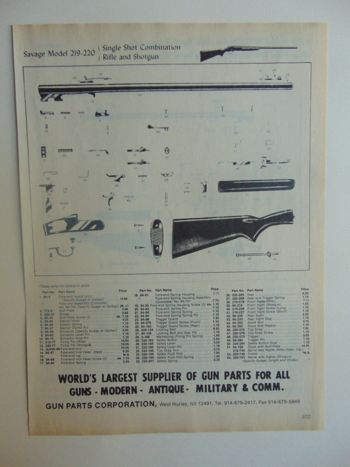 SAVAGE 219-220 Rifle/Shotgun Parts assembly Diagram 1990's catalog print ad