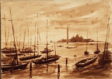 Pino (?) Venezia,  acquerello su carta firmato e datato 1954, firma da decifrare