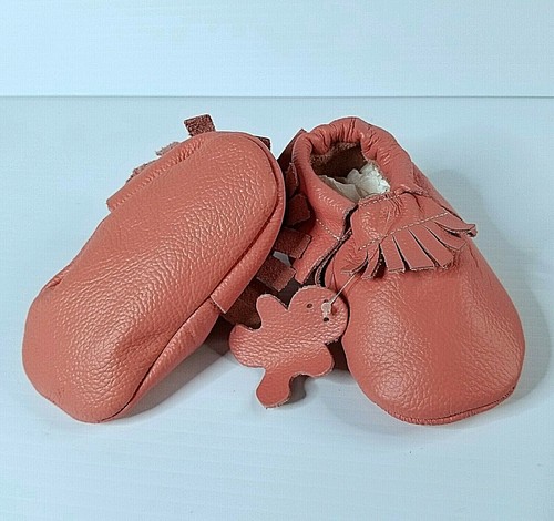 Infant Baby Moccasins Tassels Coral-Peach Leather Boy-Girl Shoe Size 6-12 Months - Picture 4 of 12