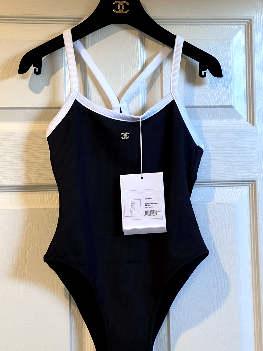 CHANEL 22S NEW BLACK One-piece Swimsuit ECRU TRIM JEWELED CC