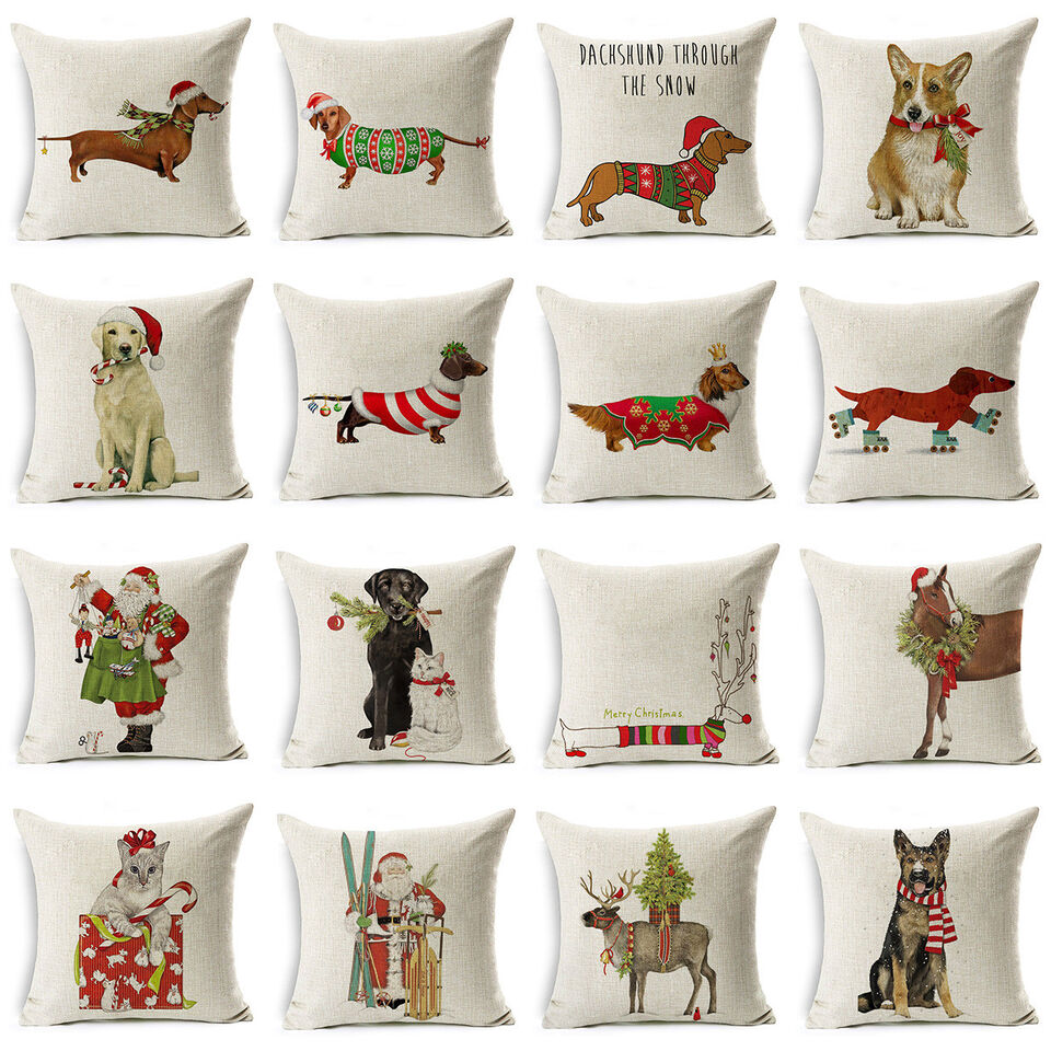 18X18 "Boże Narodzenie Dog Linen Cushion Cover Throw Pillow Case Sofa Bed Home Decor