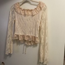 Womens Off The Shoulder Lace Top S 34 Ivory Lace Up Front Long Sleeve Boho