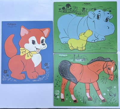 Lot Of 3 Vntg Playskool Wooden Puzzles Reddy Fox, Hippo & Horse (Missing 1 Pc.)