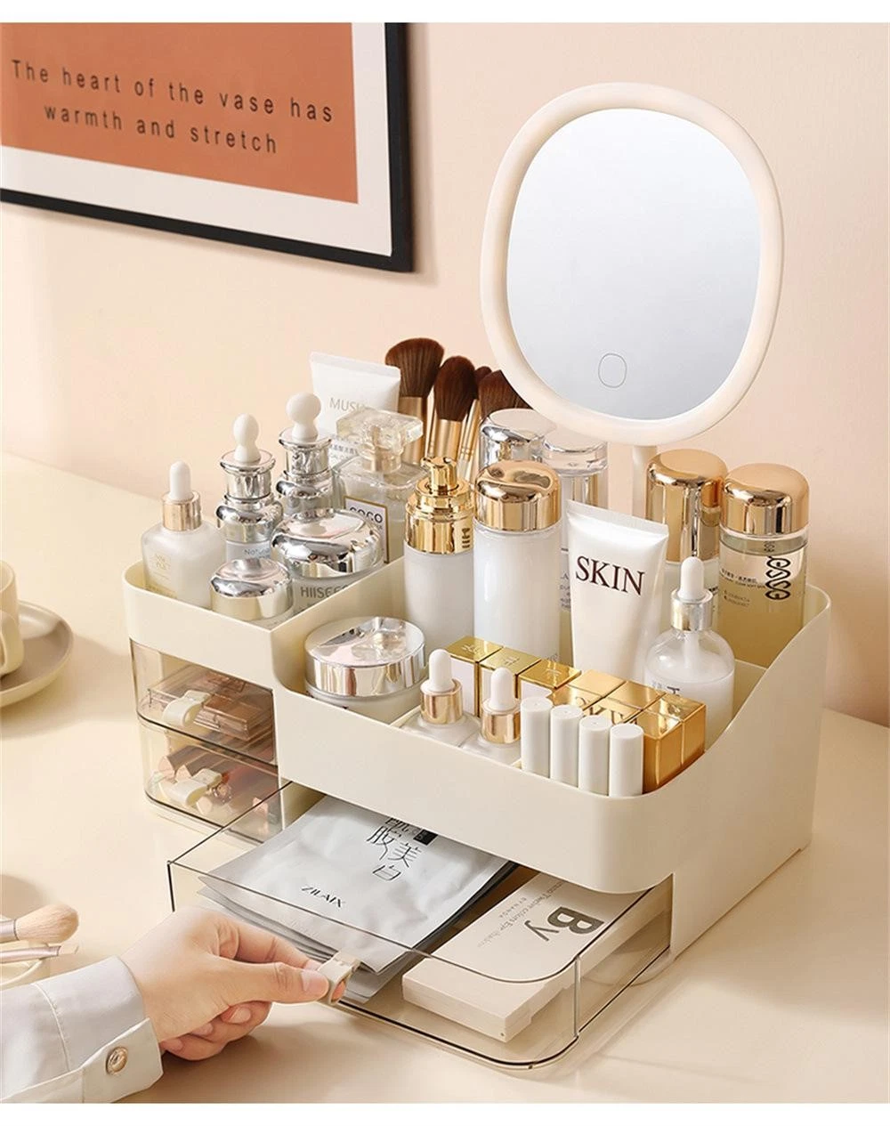 Makeup Organizer Box With Mirror Portable Drawer Cosmetic Storage Skincare Lipst