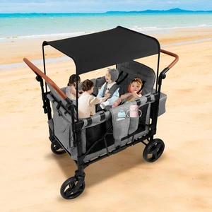 Folding Baby Stroller Wagon Cart For 4 Kids, Face To Face High Seat With Canopy
