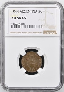 Argentina coin 1944 2 Centavos Copper CJ#178 NGC AU 58 BN TOP POP Scarce Date