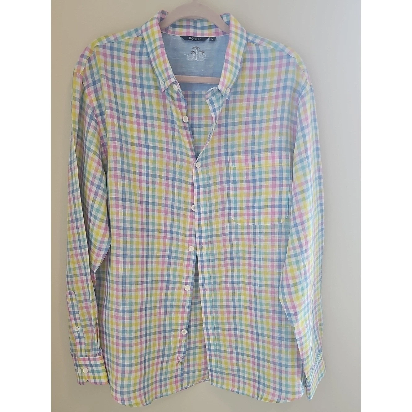 Bohio Multi Pastel Gingham Button Down Mens Size L Multicolor Linen Blend Beach